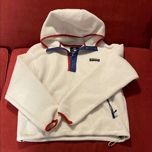 Columbia cream Fleece Hoodie with Red and Blue Accents